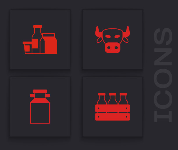 木盒装瓶装牛奶，牛奶产品，牛头和罐头容器的图标。向量图片下载