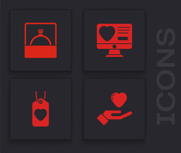 Set Heart in hand, Diamond engagement ring, Dating app online and tag icon。向量图片下载