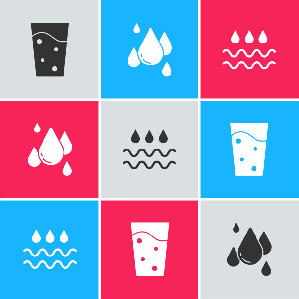 设置玻璃与水，水滴和波图标。向量图片下载