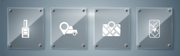 设置城市地图导航，Gps设备，定位出租车和汽车钥匙遥控器。方形玻璃面板。向量图片下载
