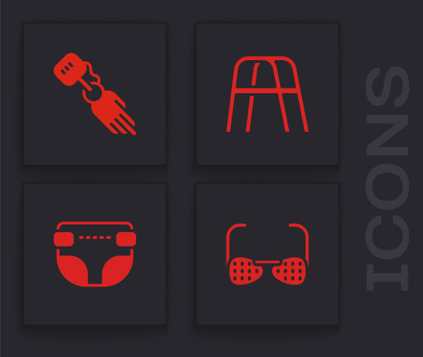 设置盲人眼镜，假肢手，沃克和成人尿布图标。向量图片下载