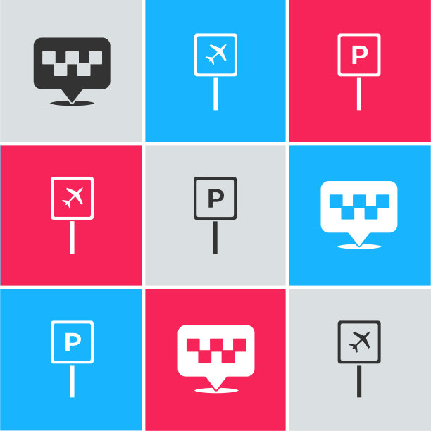 设置位置与出租车，机场和停车场图标。向量图片下载