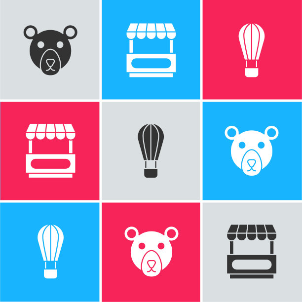 设置熊头，快速街头食品车和热气球图标。向量图片下载