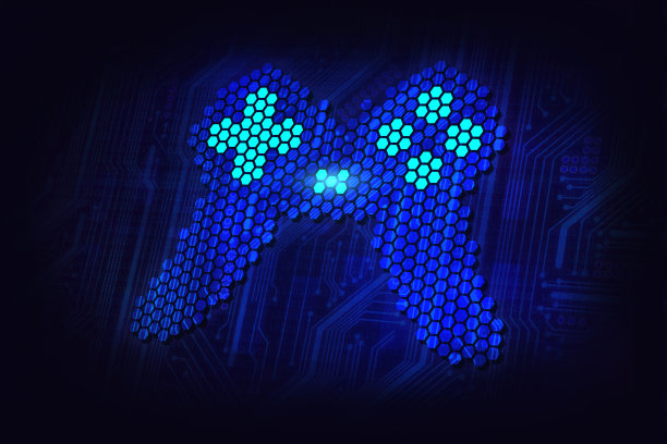 游戏手柄，视频控制器，电脑游戏概念，霓虹黑色背景上的像素艺术图片下载