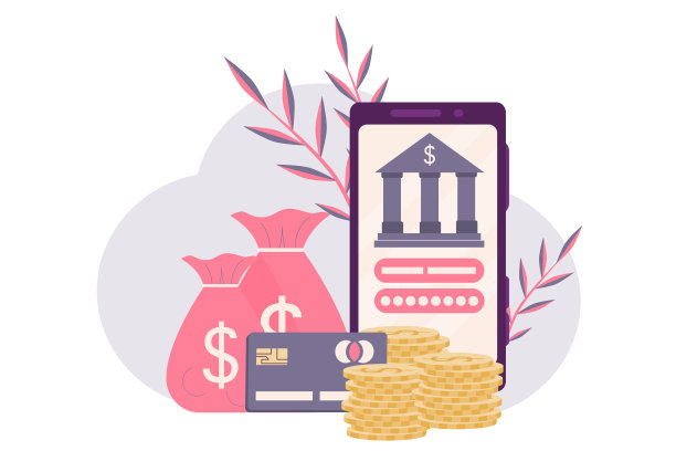 概念网上银行，使用金钱，执行操作使用智能手机。在手机屏幕上，你可以登录你的个人账户，旁边有硬币、钞票、信用卡。矢量插图平面风格。图片下载