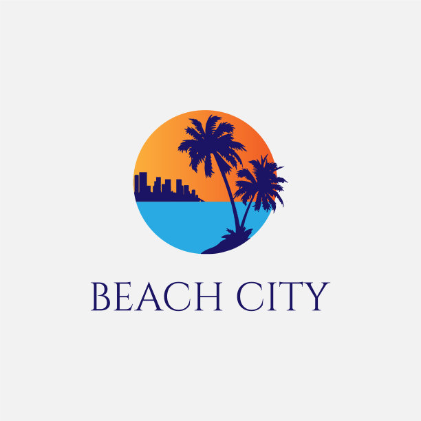 日落棕榈滩城市剪影标志设计图片下载