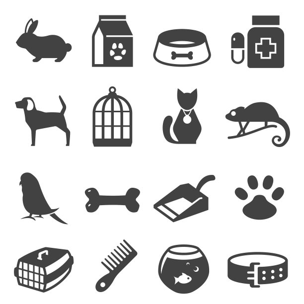 宠物店大胆的黑色剪影图标设置孤立图片下载