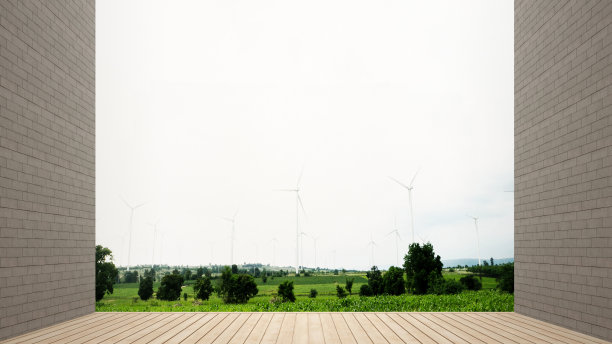 木质露台和森林景观用于住宅商业。在露台和草地上的休闲区。室内设计简单。三维渲染图片下载