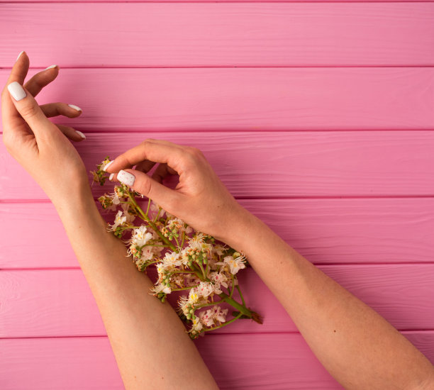 夏天抽象的背景模型模板女人手指甲握花栗子图片下载