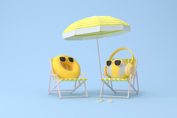 充气球和沙滩椅上带耳机的黄色闹钟概念场景，3d渲染。图片下载
