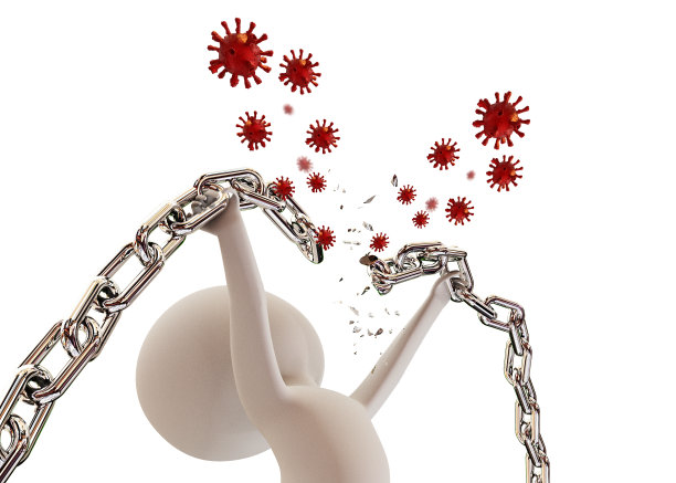 Covid - Covid -19冠状病毒末端完成，打破链由人人三维白色字符分离背景Covid -19冠状病毒-三维渲染图片下载