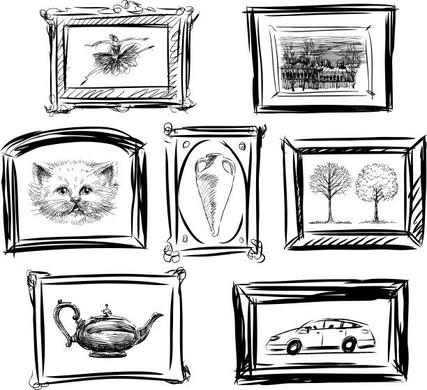 矢量图像的素描各种绘画在框架上的墙壁在画廊图片下载