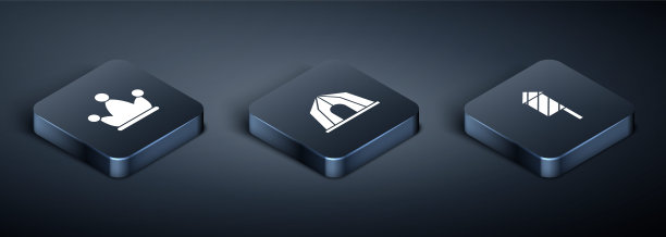 设置等距小丑帽子与铃铛，烟花火箭和马戏团帐篷图标。向量图片下载