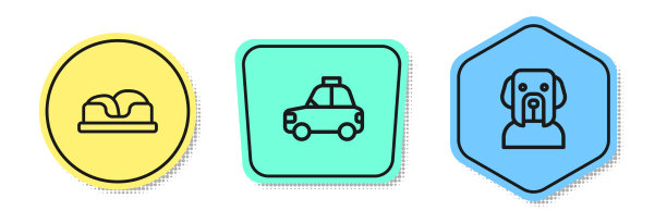 设行宠物床、汽车、出租车和狗的彩色形状图片下载