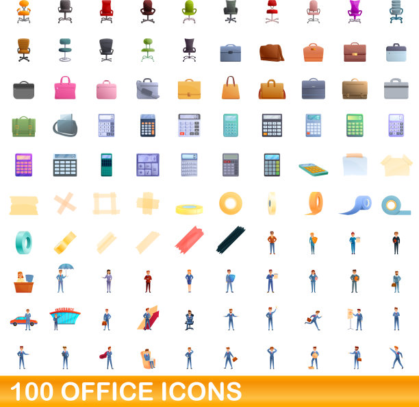 100个办公室图标设置卡通风格图片下载