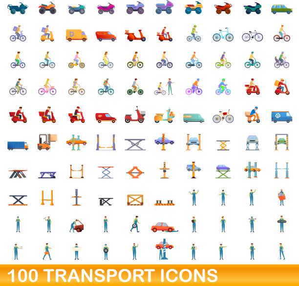 100个交通图标设置卡通风格图片下载