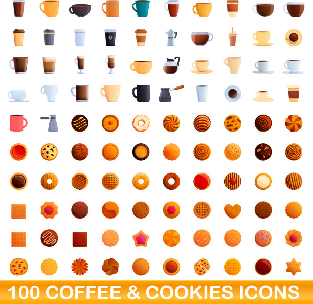 100咖啡和饼干图标设置卡通风格图片下载