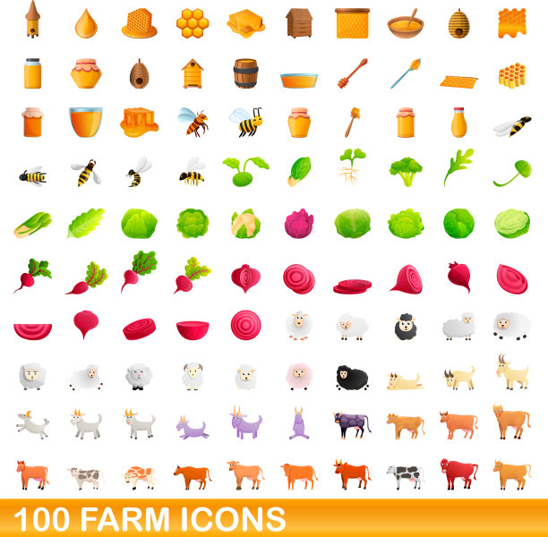 100个农场图标设置卡通风格图片下载