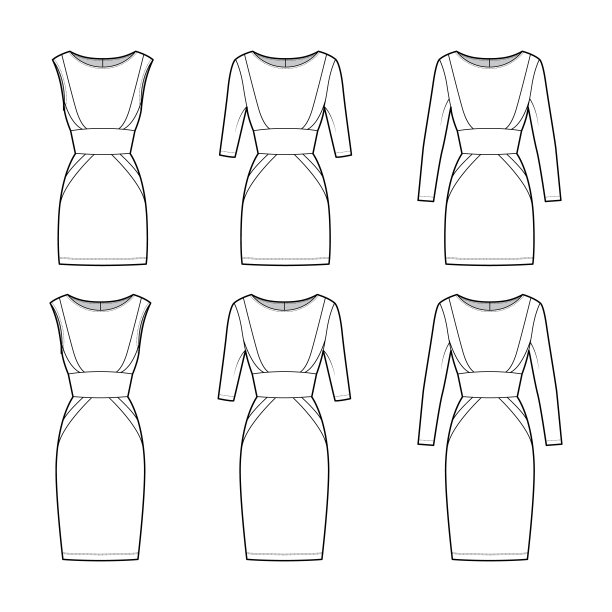 一套连衣裙面板管技术时尚插图沙漏轮廓，袖子，合身，膝盖长度的裙子图片下载