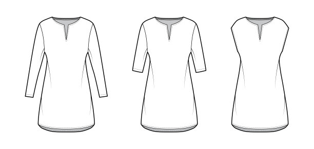 一套连衣裙束腰外衣技术时尚插图与长肘袖，超大，迷你裙长，割领图片下载