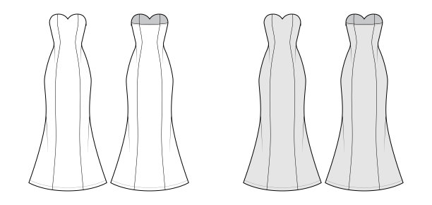 连衣裙喇叭技术时尚插图无肩带心形领口，合身的身体，及地长的圆形裙子图片下载