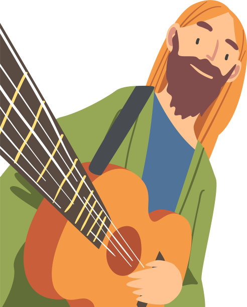 带着吉他的胡子男人微笑着看着相机图片下载