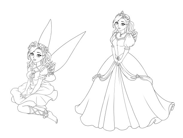 插图的仙女和公主与波浪形的头发。手绘等高线插图。图片下载