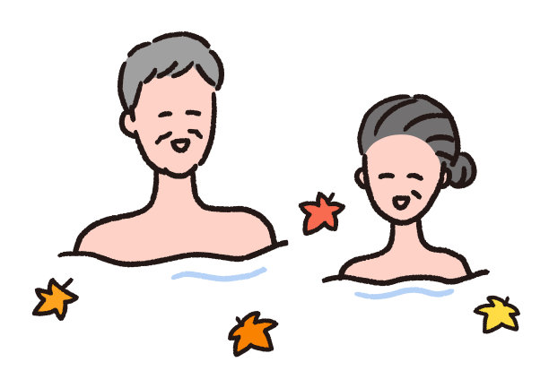 一对老年夫妇在温泉里放松，落叶飘浮在空中。图片下载