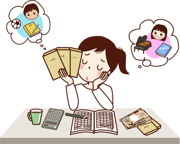 一位妇女在考虑她孩子的学费。图片下载