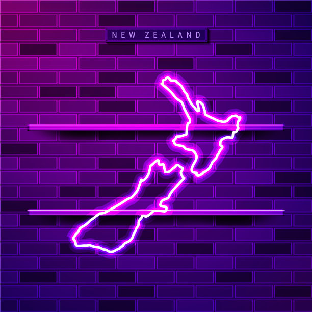 新西兰地图发光的紫色霓虹灯标志图片下载