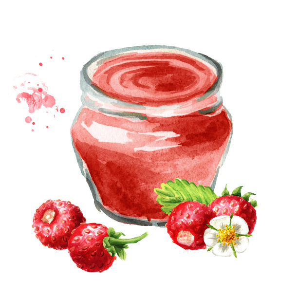 有机果酱。玻璃罐的野生森林草莓果酱和新鲜浆果与绿色的叶子。水彩手绘插图孤立的白色背景图片下载