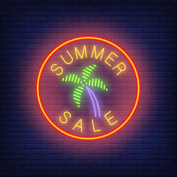 夏季销售霓虹文字与棕榈树围成圆圈图片下载