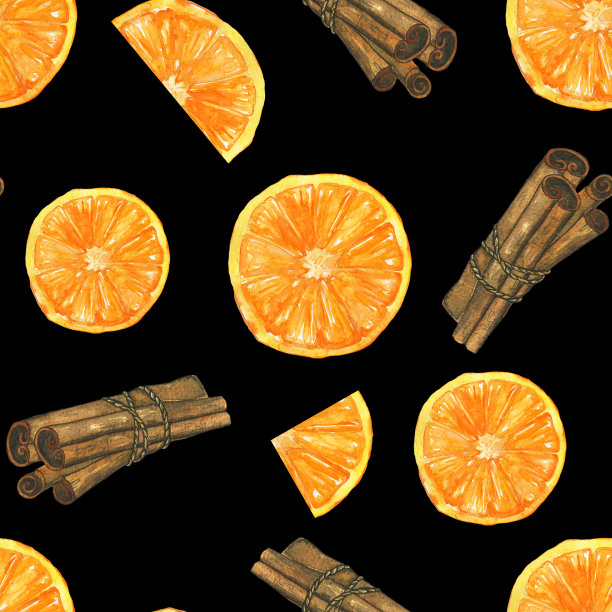 无缝图案的橙色水果和肉桂棒孤立在黑色背景。水彩手绘插图。完美的食物海报，数码纸，打印，菜单，壁纸。图片下载