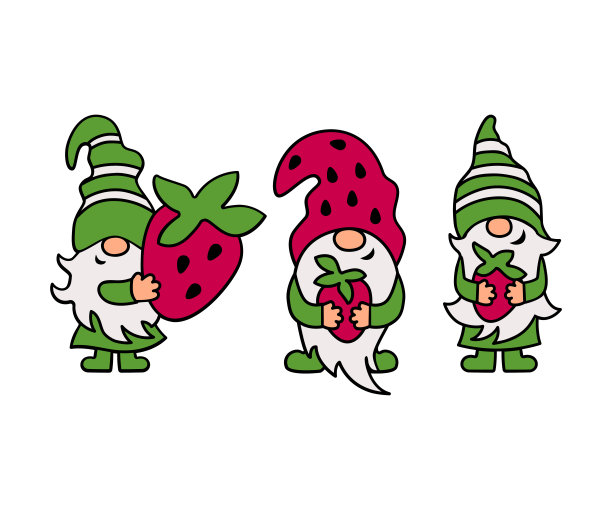 三个草莓地精在白色的背景上。图片下载