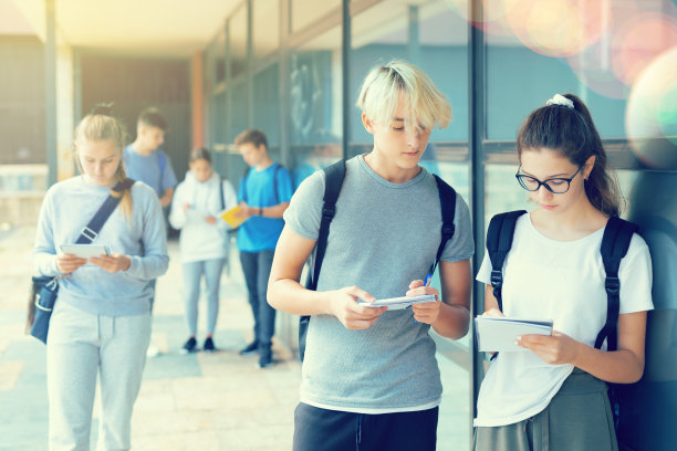十几岁的男孩在大学校园里和女同学聊天图片下载