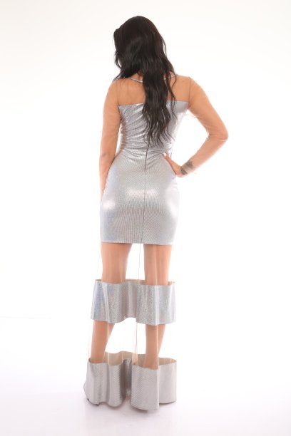 年轻美丽的女人在灰色长紧身邀请连衣裙前面的白色背景。图片下载