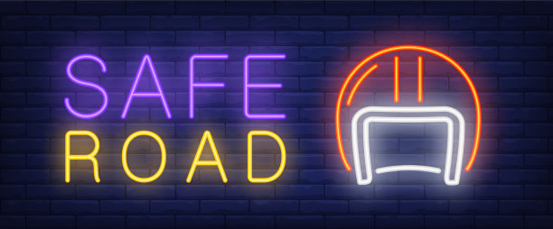 安全路上霓虹文字戴头盔图片下载