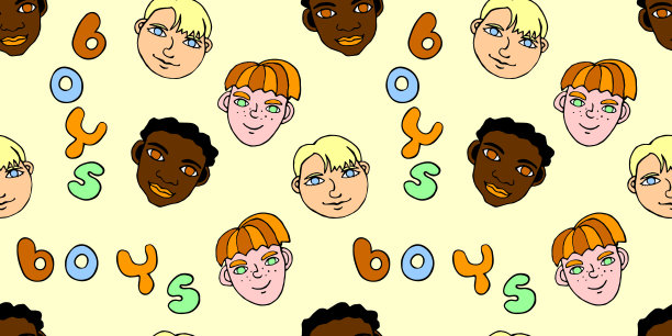无缝模式与卡通脸向量男孩和字母。手绘涂鸦头的儿童人。幼稚的纹理背景。不同的和美丽的。图片下载