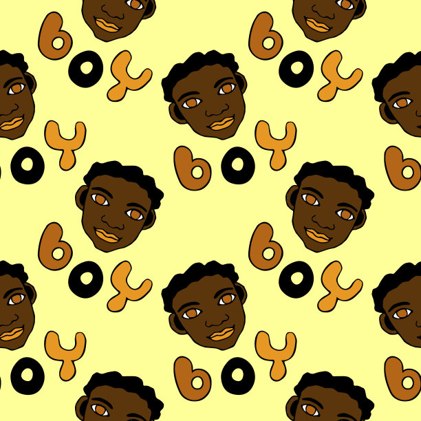 无缝模式与卡通面孔矢量男孩和字母。手绘涂鸦儿童头像人物。幼稚的纹理背景图片下载