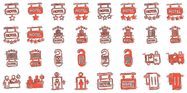 酒店图标设置在漫画风格的预订卡通上图片下载