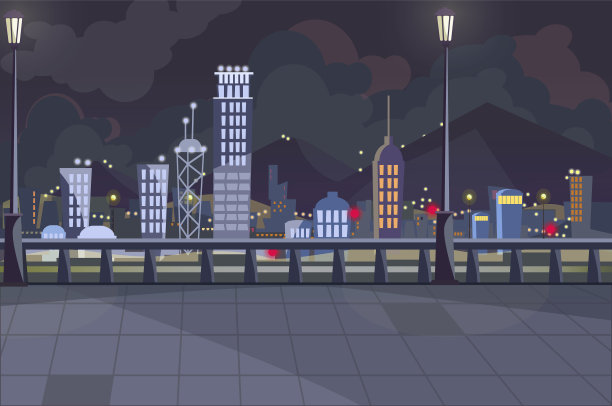 黑暗的城市景观与打开的灯图片下载