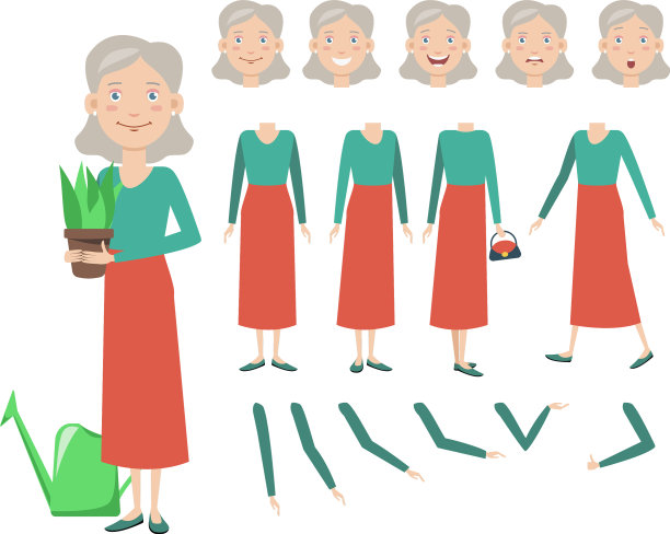 漂亮的祖母与盆栽植物字符集图片下载