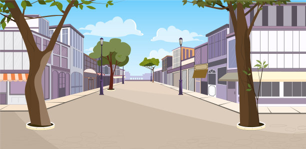 城镇街道上有建筑物、树木和空的图片下载