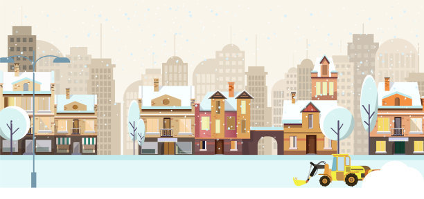 冬季城市景观与建筑、树木和扫雪机图片下载