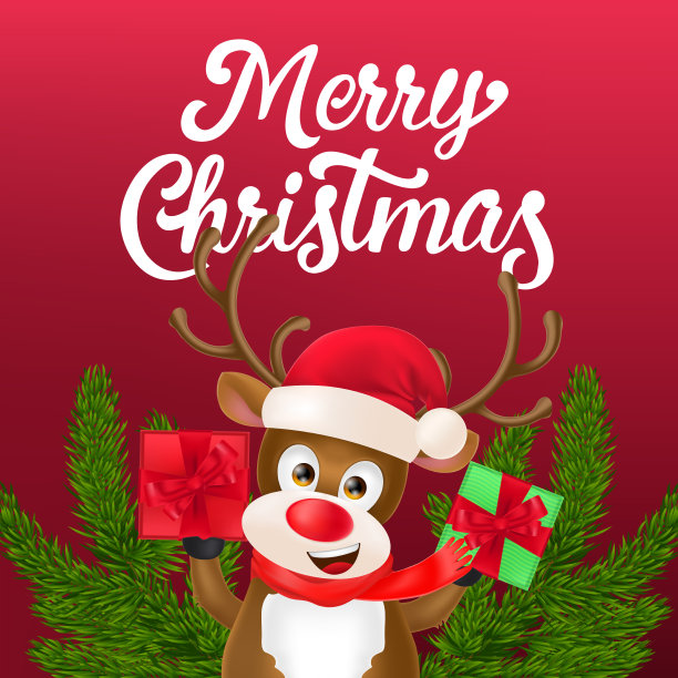 圣诞传单设计快乐的驯鹿与礼物图片下载