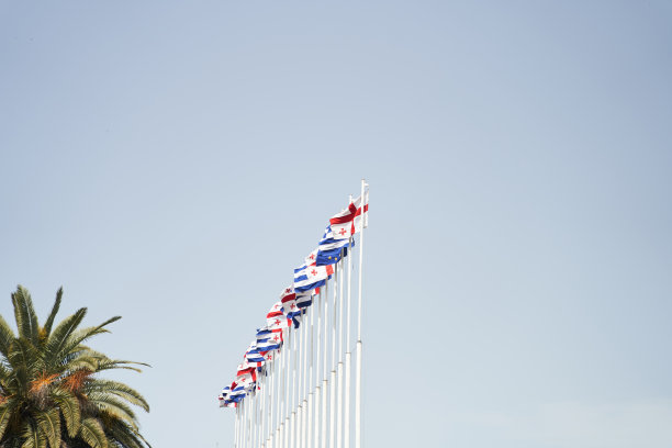 天空中飘扬着格鲁吉亚和欧盟的旗帜图片下载