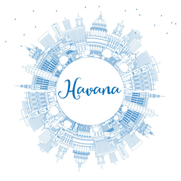 用蓝色勾勒出古巴哈瓦那城市的轮廓线图片下载