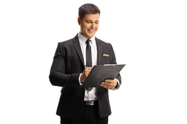 男接待员在写字板上写文件图片下载