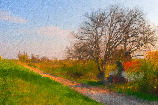 油画山水画展示的房子在农村图片下载