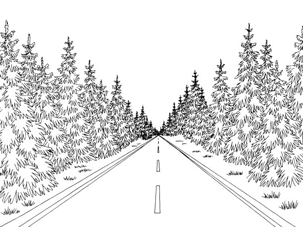 森林道路图形黑白景观素描插图矢量图片下载